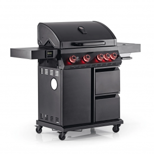 Landmann gasolgrill. 4 huvudbrännare. 1 sidobrännare. Gjutjärnsgaller. Grillyta: 76x41 cm. Inb. stektermometer. LED-vred. Svart. (Cool Black MaxX 4.1) - Fri hemleverans