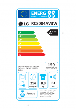 Energidekal LG Torktumlare. 8 kg. ECO-Hybrid. Inverter teknologi. Självrengörande kondensor. Wi-Fi. (RC8084AV3W) - Fri hemleverans