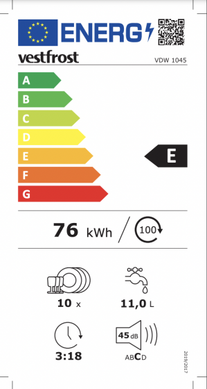 Energidekal Vestfrost Diskmaskin för underbyggnad. 45 cm, 10 standardkuvert. 4 program. 45 dB(A) (VDW 1045 - 33000) - 4 års garanti