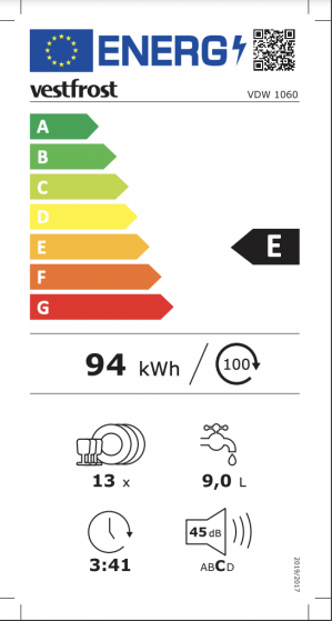 Energidekal Vestfrost Diskmaskin för underbyggnad. 60 cm, 13 standardkuvert. 6 program. 45 dB(A). (VDW 1060 - 32010) - 4 års garanti