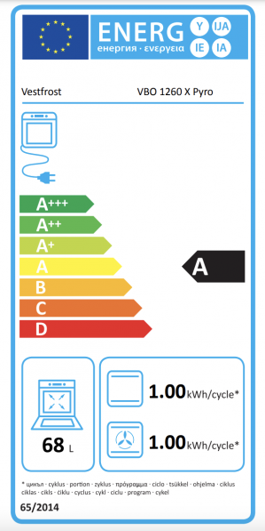 Energidekal Vestfrost Multifunktionsugn med pyrolys - Rostfritt stål - 59,5cm - 68ltr - A. 4 års garanti VBO 1260 X Pyro (20006)