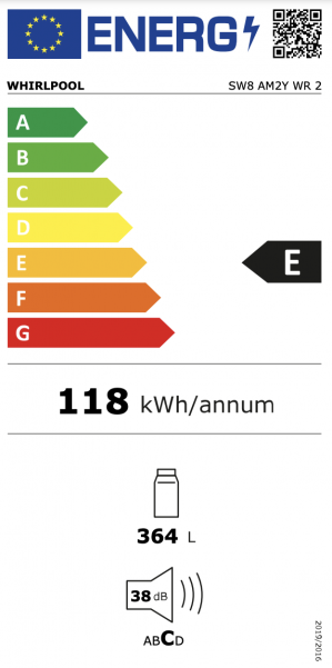 Energidekal Whirlpool fristående kylskåp. Vit. 364L. 187,5 cm höjd. (SW8 AM2Y WR 2) Fri hemleverans. - 2 års garanti