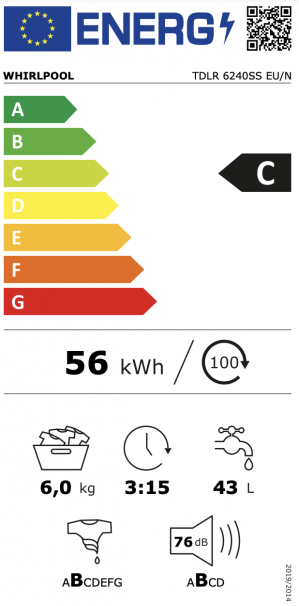 Energidekal Whirlpool Toppmatad tvättmaskin. 6kg. 1200 v/min. Vit. (TDLR 6240SS EU/N) Fri hemleverans. - 2 års garanti