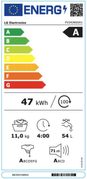 Energidekal LG Tvättmaskin. 11 kg (Vit) - Steam, Energiklass A, AI DD, Smart Diagnosis (FV34JNS0A1) - Fri hemleverans