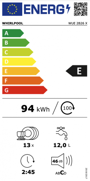 Energidekal Whirlpool Underbyggd diskmaskin. 60cm. 13 kuvert. 2 korgar. Aquastop. Vit. (WUE 2B26) Fri hemleverans. - 2 års garanti. Fri hemleverans