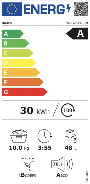 Energidekal Bosch Serie 8, Tvättmaskin, frontmatad, 10 kg, 1400 v/min (WGB254A0SN) - 2 års garanti