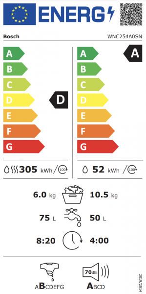 Energidekal Bosch Serie 8, Kombinerad tvätt och tork, 10.5/6 kg, 1400 v/min (WNC254A0SN) - 2 års garanti