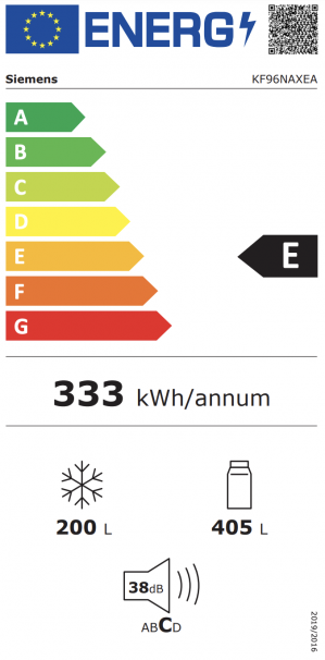 Energidekal Siemens iQ300, Fristående kyl/frys, 183 x 90.5 cm, Borstat svart stål med antiFingerprint (KF96NAXEA) - 2 års garanti
