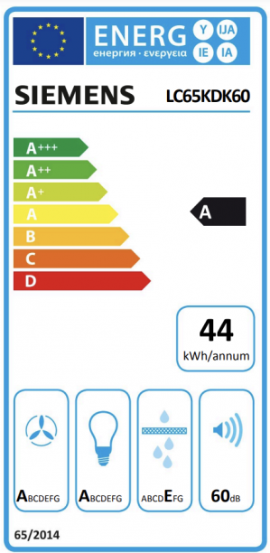 Energidekal Siemens iQ100, Vägghängd köksfläkt, 60 cm, Klarglas med svart tryck (LC65KDK60) - 2 års garanti