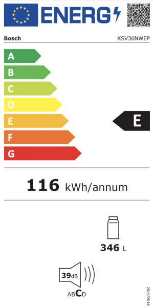 Energidekal Bosch Serie 2, Kylskåp, 186 x 60 cm, Vit (KSV36NWEP) - 2 års garanti