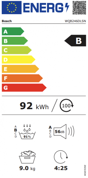 Energidekal Bosch Serie 8, Värmepumpstumlare, 9 kg (WQB246DLSN) - 2 års garanti