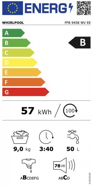Energidekal Whirlpool frontmatad tvättmaskin: 9,0 kg - FFB 9458 WV EE - 2 års garanti