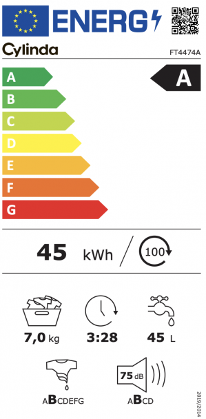 Energidekal Cylinda Tvättmaskin. 7 kg. 1400 v/min. 15 program. (FT4474A - 10839333) - 2 års garanti