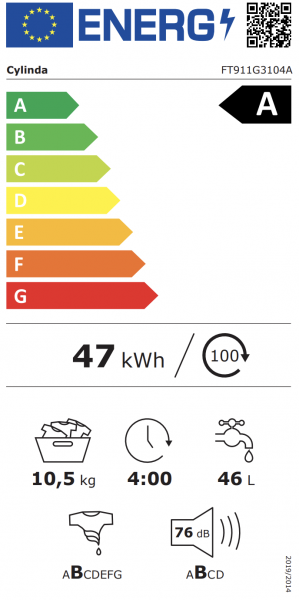 Energidekal Cylinda frontmatad tvättmaskin. 10.5kg. 58,7 cm djup. 12 program. Touchdisplay. Energiklass A. Vit. (FT911G3104A) Fri hemleverans. - 2 års garanti.