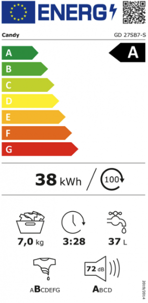 Energidekal Candy Frontmatad tvättmaskin. 7kg. 1200rpm. Energiklass A. Vit. 16 program. Vit. (ProWash 300 7Kg - GD 27SB7-S) - 2 års fabriksgaranti. Fri frakt