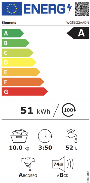 Energidekal Siemens IQ 500 frontmatad tvättmaskin. 10 kg. 1600 v/min. Auto-dosering. Vit. (WG56G2AADN) Fri hemleverans - 2 års garanti