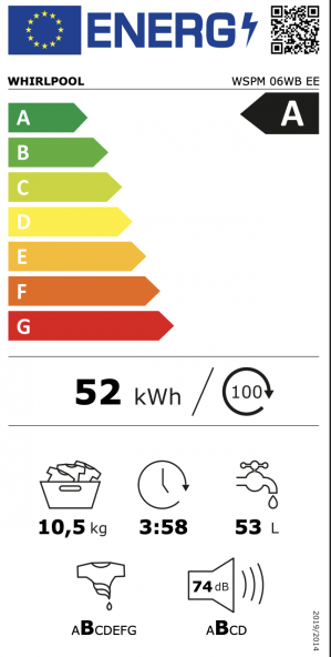 Energidekal Whirlpool Tvättmaskin. Frontmatad. 10,5 kg.  1400 v/min. AutoDose. SenseInverter-motor. Vit. (WSPM 06WB EE) - 2 års garanti